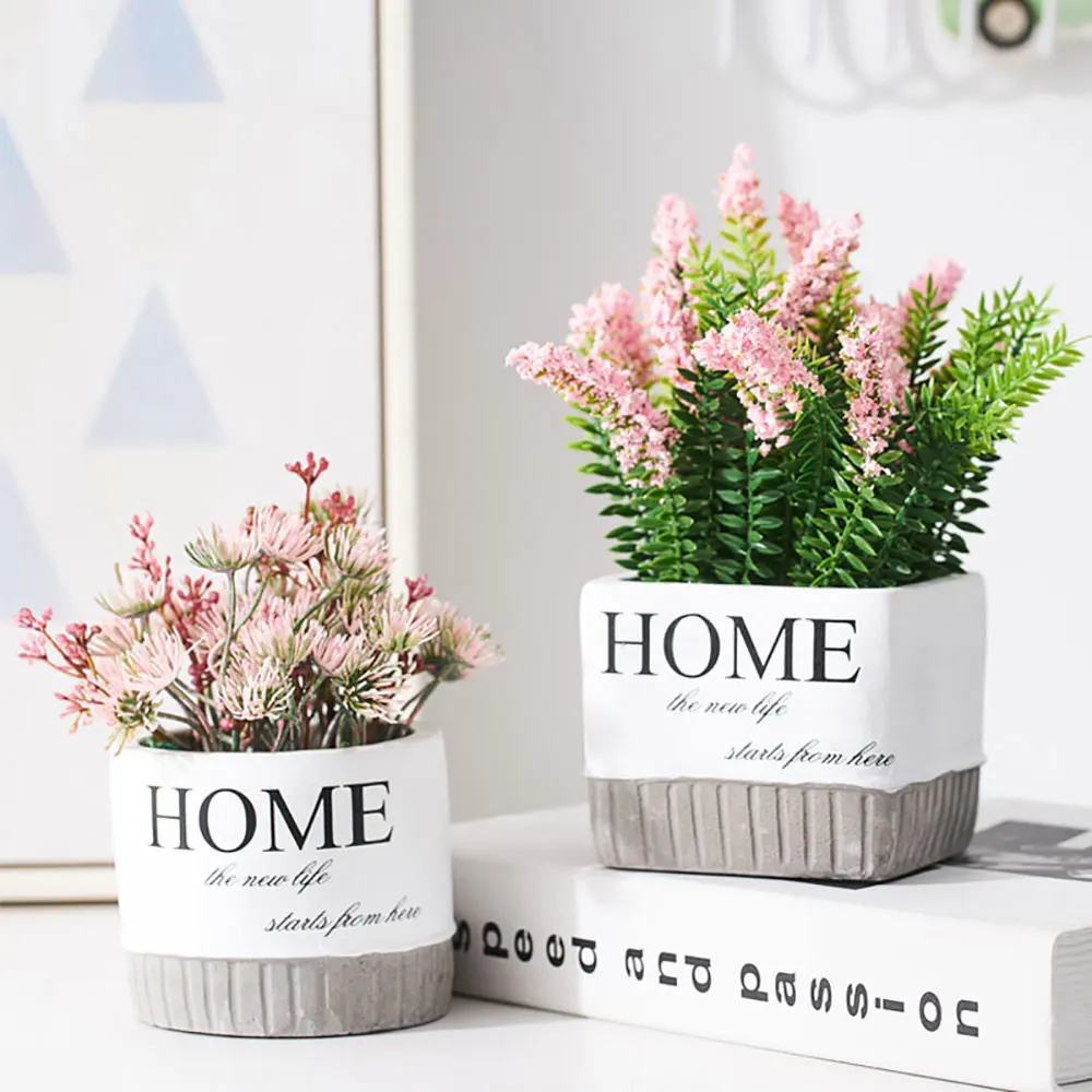 

Cement Plastic flower Mini Bonsai Potted Artificial lavender Plants Pot Placed Home Table Decoration Office Desktop