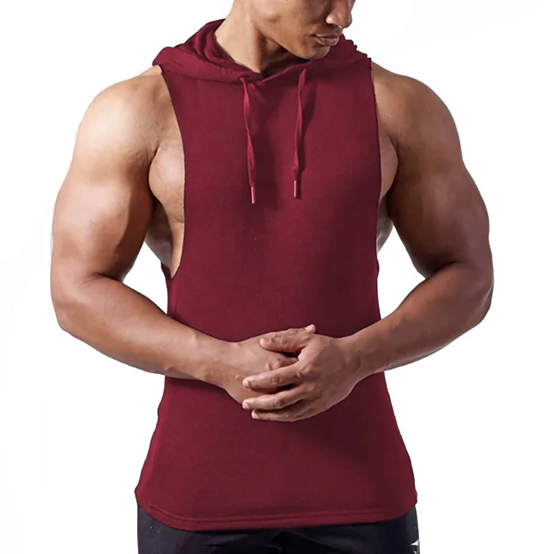 

wholesale mens solid fitness hooded singlet cotton vests gym wear ome logo printed sleeveless hoodie men's sport vests tank tops