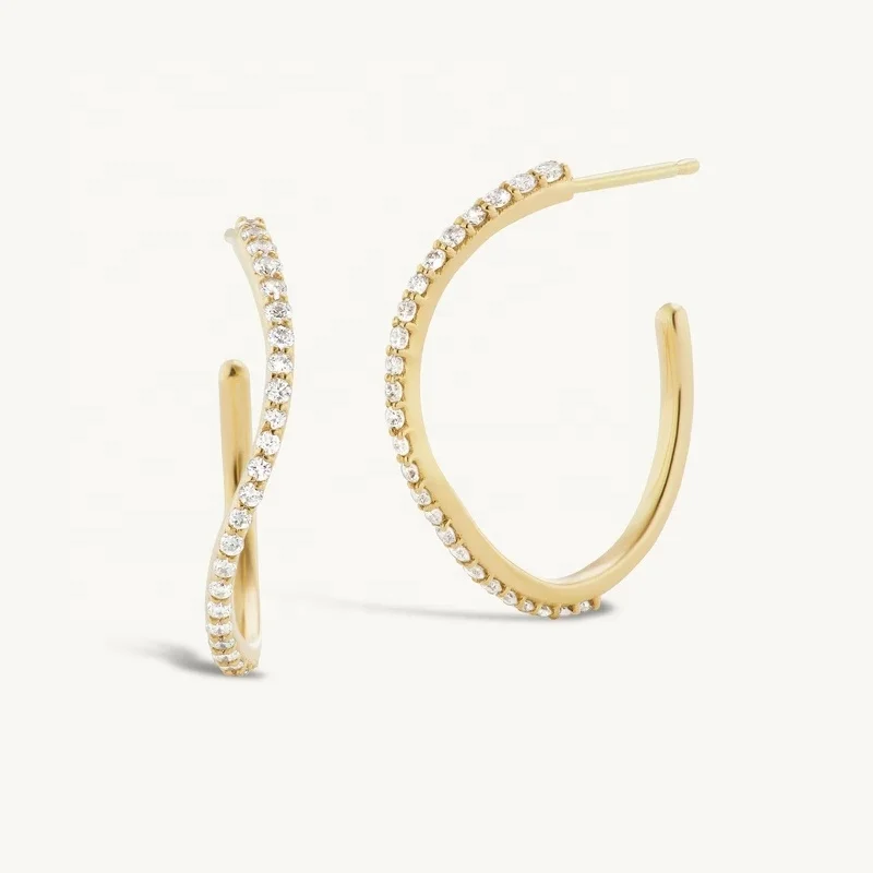 LOZRUNVE 925 Sterling Silver Elegant Thin Band Dainty Pave Wave Shaped Medium Hoop Earring with Loop