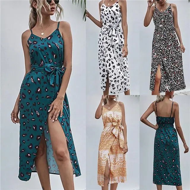 

Women's Mid-length Sling Dress Printed Belt Belt Split Dress, Picture color
