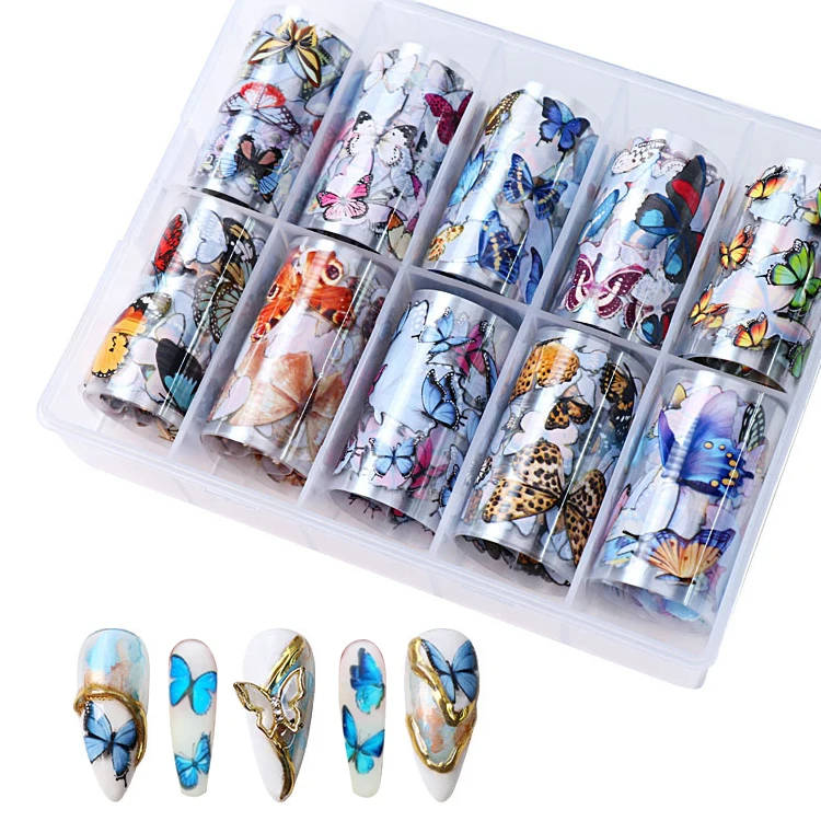 

2021 Hot selling 10 rolls butterfly pattern transfer butterfly nail transfer foil 3d nail art sticker, As picture