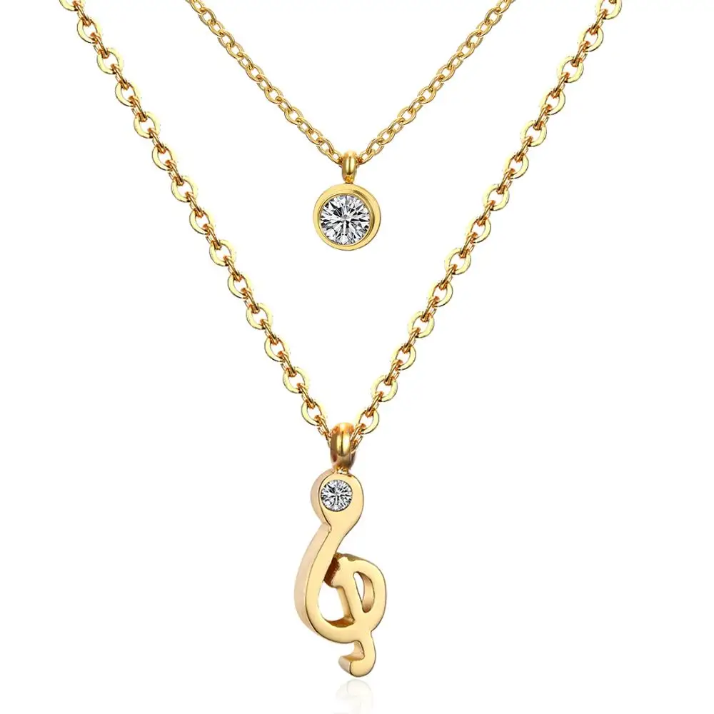 

best selling note shaped pendant chain necklace double chain silver gold plated zircon jewelry stainless steel