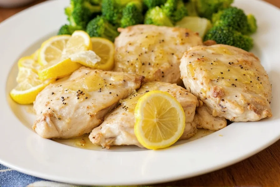 Lemon black pepper chicken served over rice with vegetable side in white ceramic bowl
