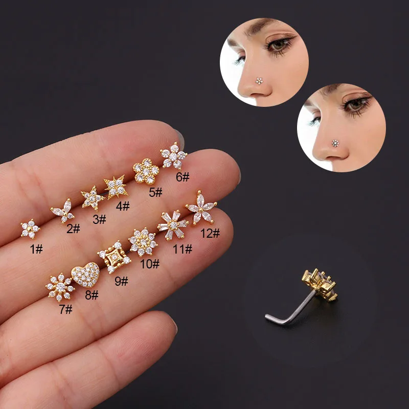 

OEM Stainless Steel L Shaped Nose Studs Flower Cubic Zircon Nostril Bone Screw Indian Nose Ring Piercing