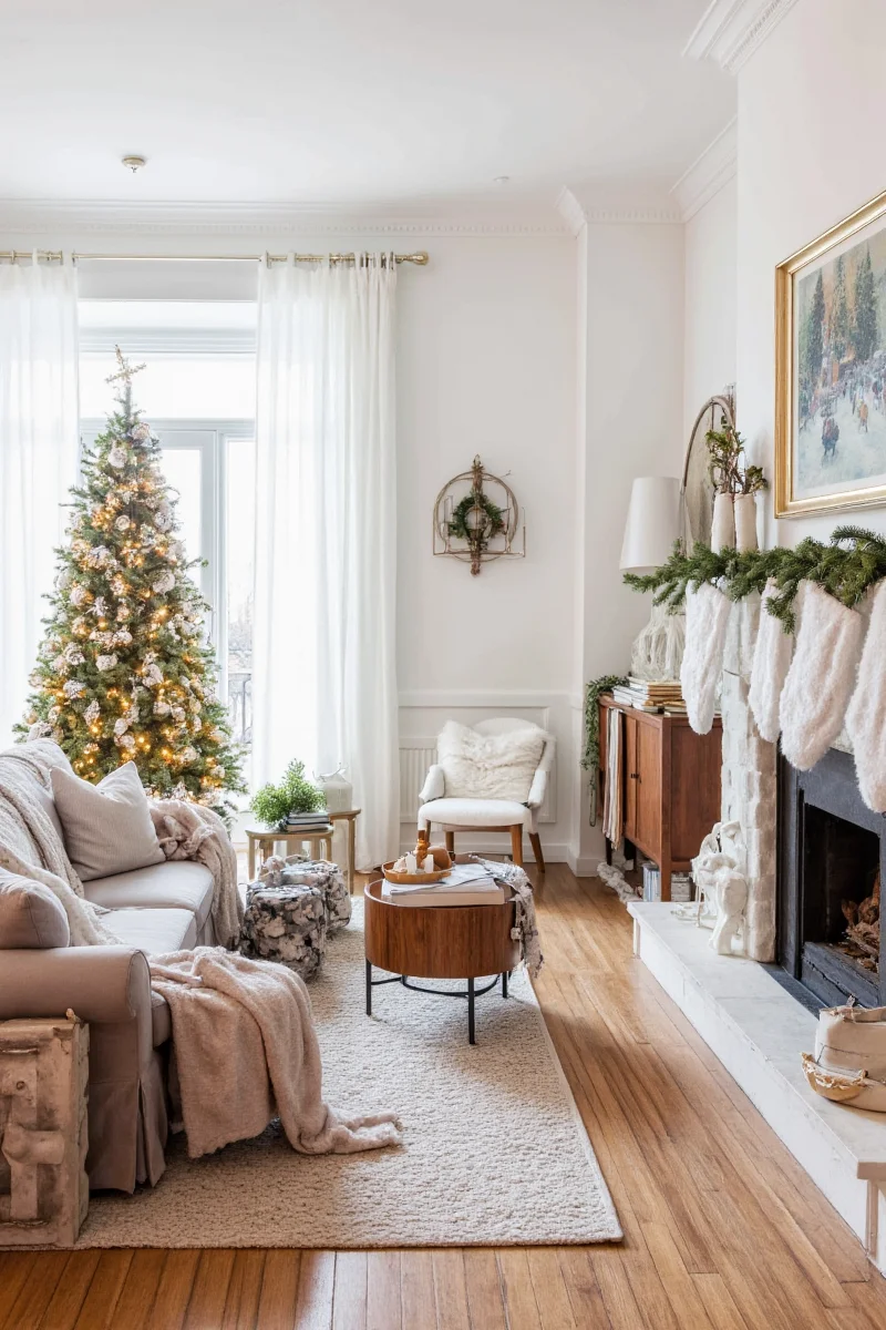 Living room with cozy Christmas throws and pillows