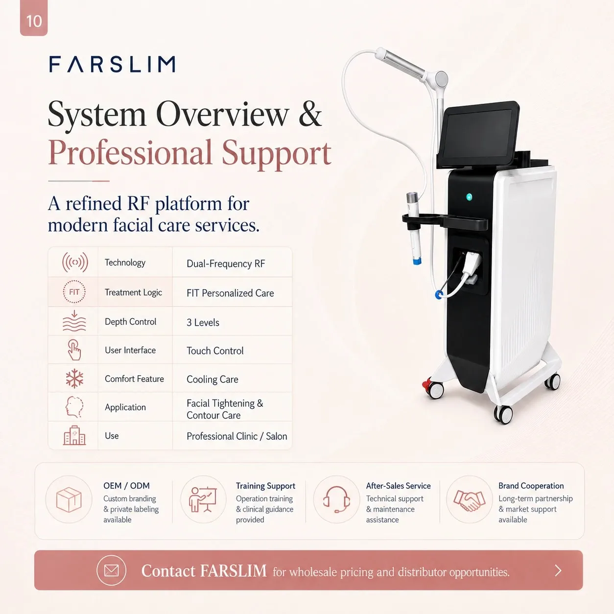 FARSLIM RF Face Shaper system overview with dual-frequency RF, FIT logic, three depth levels, touchscreen control, and cooling care.
