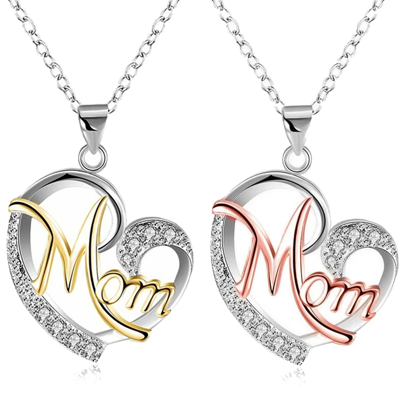 

Crystal Hollow Heart Mom letter Pendant Necklace Mother Birthday Day Gift