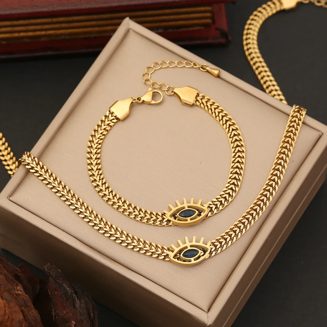 

Amazon Fashion Personalized Stainless Steel Devil Eye Necklace Bracelet Earrings Snake Gold Plated Chain Tide Jewelry Set