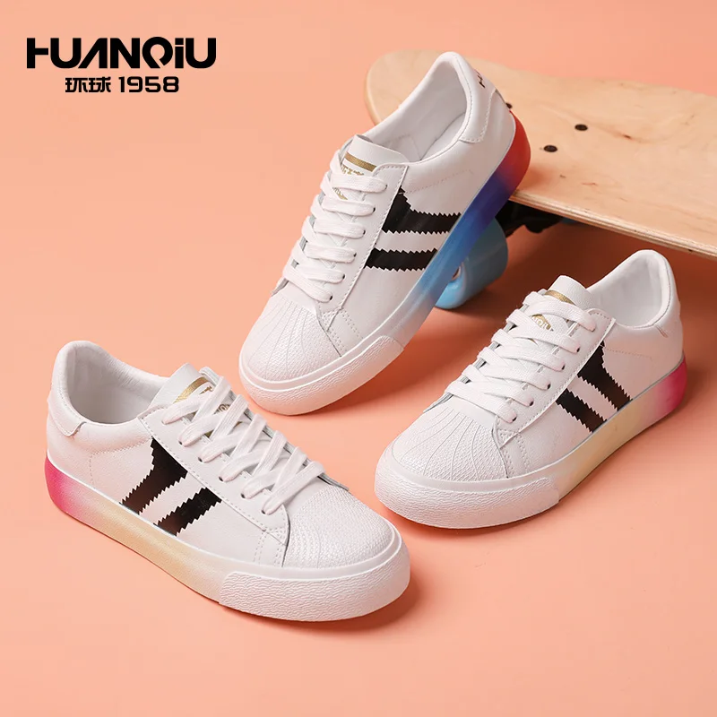 

D002 HUANQIU Summer Light Breathable Lace Up Rubber White Women Sport Flat Casual Shoes, White+blue/white+pink