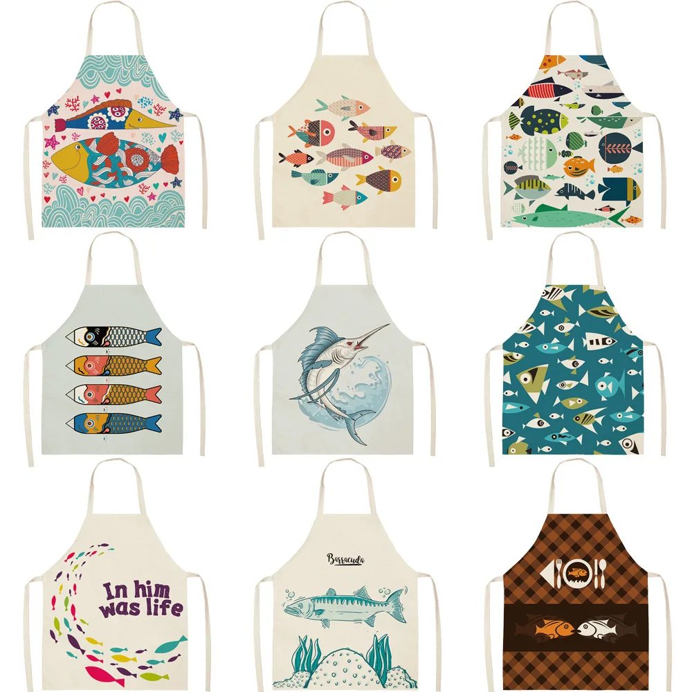 

Foreign trade explosion marine animal series multifunctional cotton and linen kitchen apron, Picture
