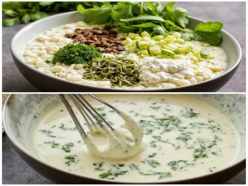 Step-by-step ranch dressing preparation with fresh herbs and mixing bowl