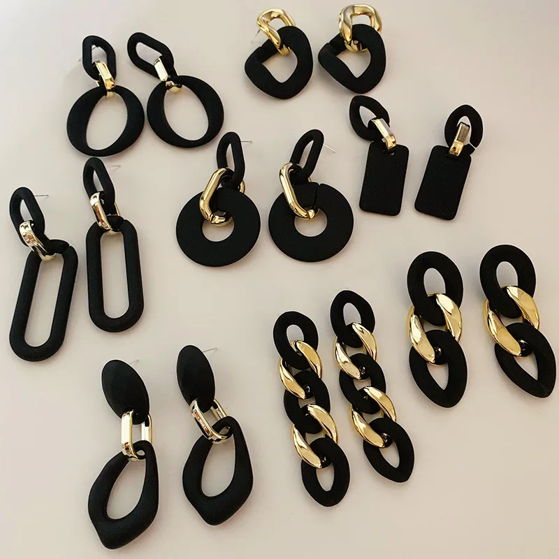 

JUHU round S925 silver chain black geometric resin drop earrings matte acrylic exaggerated long alloy earrings jewelry wholesale, Gold