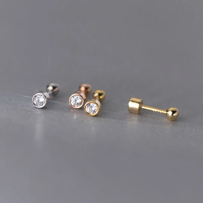 Fashion 925 Sterling Silver Single Zircon Round Screw Ball Stud Earrings for Women Party Jewelry Gifts
