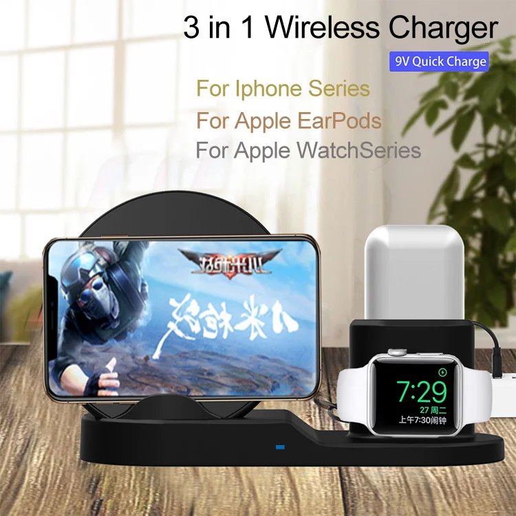 
Fast 3 in 1 qi wireless charger Stand Holder for Iphone 8 x Xs Max Xr Samsung S9 S10 Plus 