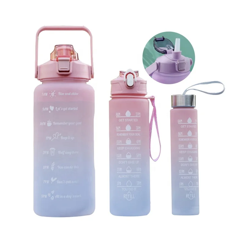 

2023 Hot sale 3pcs Large Capacity 2L Gradient Color 900ml 300ml 3 In 1 Set Gym Motivational Sport Plastic Drinking Water Bottle