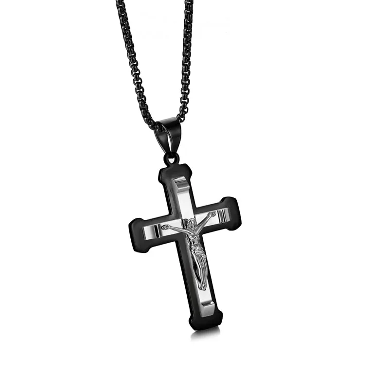 

Wholesale High Quality Religious jewelry stainless steel black silver big jesus cross necklace