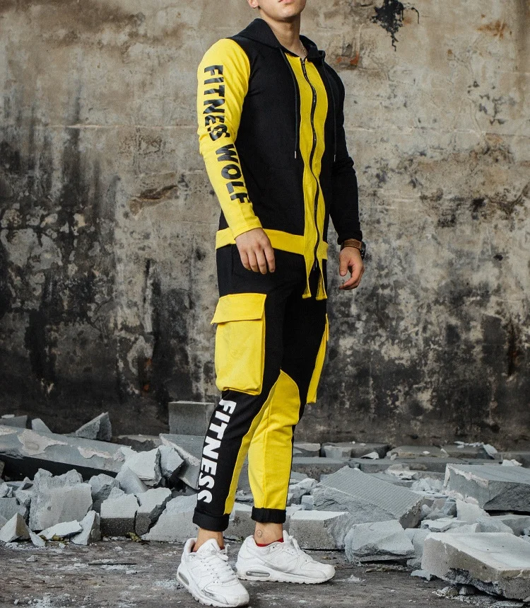 

Yellow White Blue Fitness Wolf Letter Printed Tracksuits Hoodie Zip Jacket Color Block Sweatsuit Mens 2020 Tracksuit Set, 3 colors