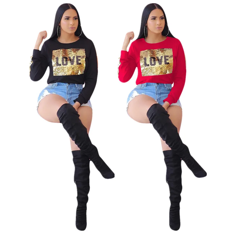 

LEXYZ-46 women fashionable solid sequin long sleeve t shirt