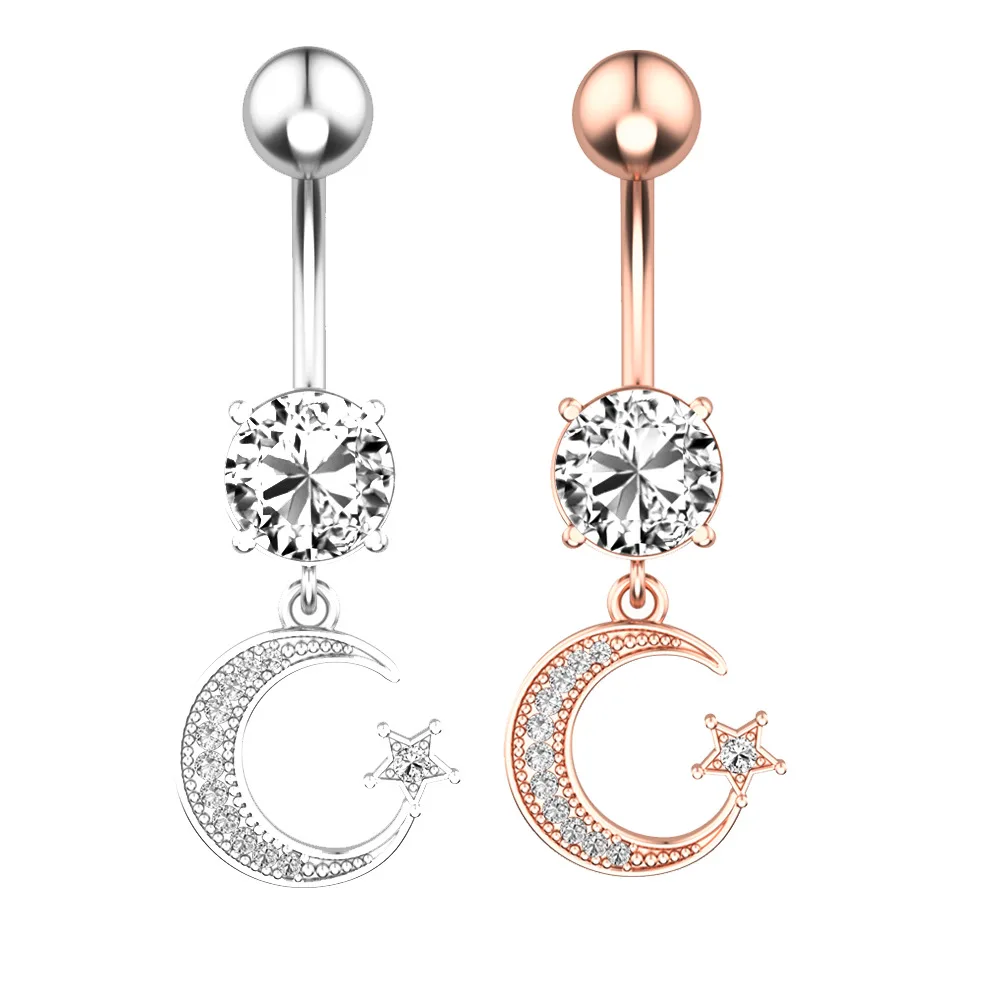 

VRIUA Stainless Steel Belly Rings for Women Shining Moon Star Crystal Navel Ring Nail Piercing Jewelry Accessories Wholesale, Sliver/rose gold