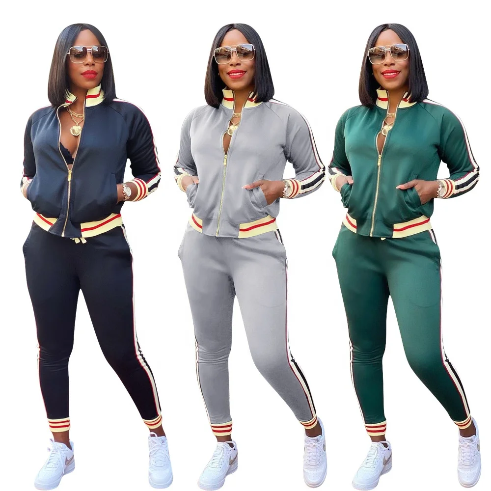 

2021 New Design Fashion Solid Color Stand Neck Ribbon Zip Up Hoodie Pants Two Piece Set Casual Tracksuits Sports Wear for Women