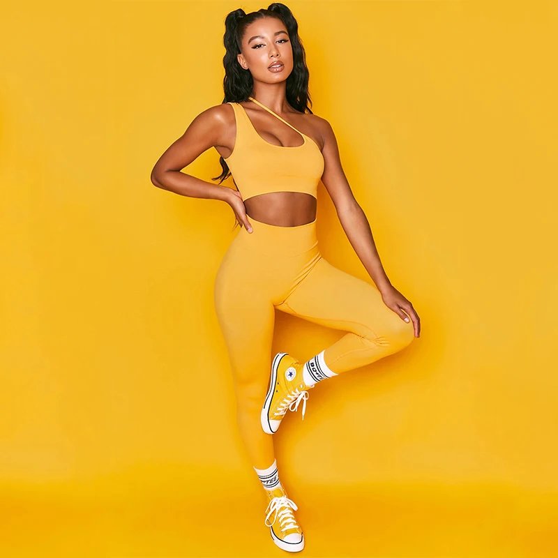 

2020 Women high quality high waist solid color fitness wear butt lift one shoulder sexy yoga set