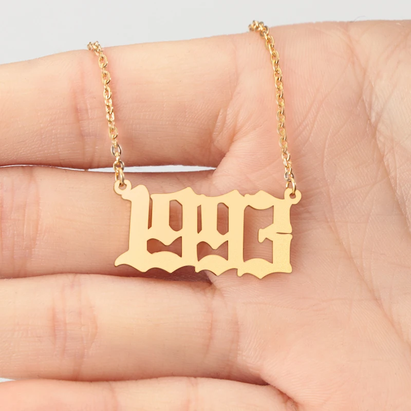 

HJ ZNL02 18K Gold Stainless Steel Personalized Number Old English Arabic Birth Year Pendant Alphabet Necklace