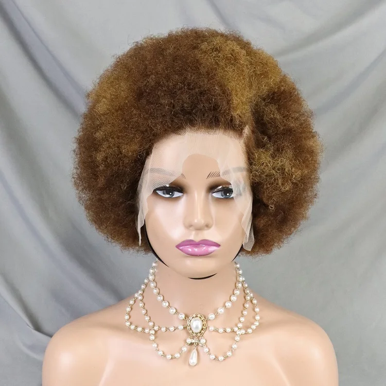 4/30 Highlight Colored Hair Afro Kinky Pixie Wig 13x4 Lace Full Frontal Afro Wave Brazilian Hair Pixie Cut Wigs For Black Women