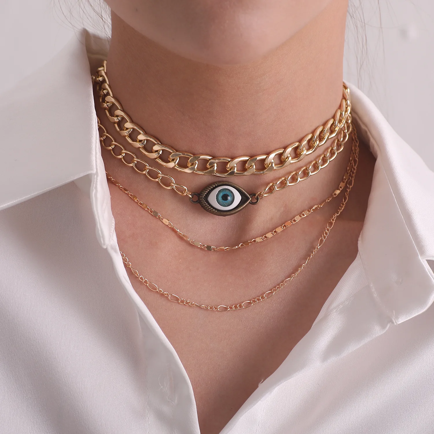 

Statement Multi Layer Link Chain Evils Eyes Charm Necklace Personalized Gold Plating Skeleton Cuban Chain Necklace, As picture show