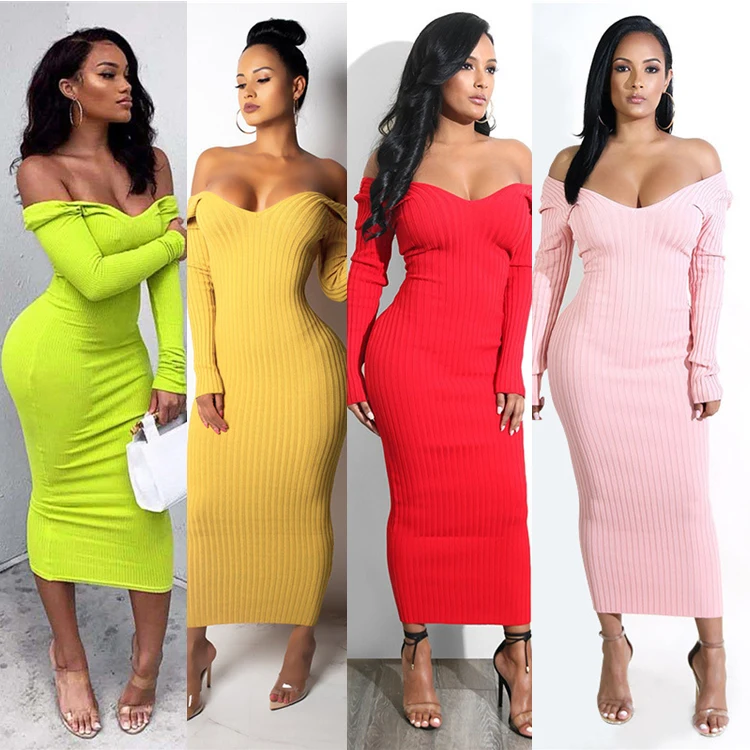 

Fall Trendy Sexy V Neck Knit Midi Dress Casual Long Sleeve Ribbed Bodycon Sweater Dress, Black, white, red, pink, yellow,wine rd, green, blue, brown, khaki