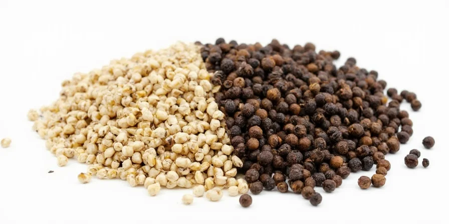 Spice rack with black and white pepper side by side