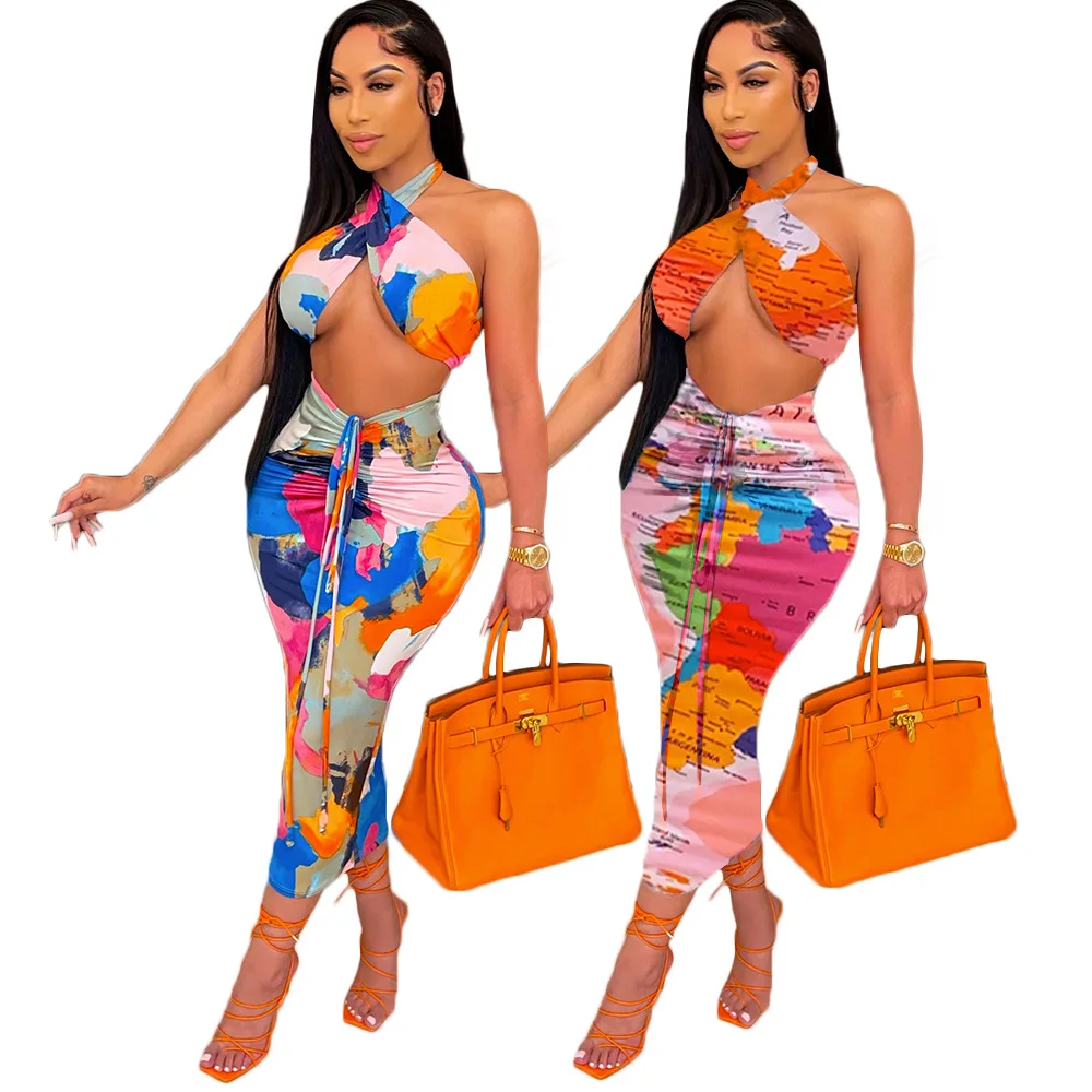 

neon 2021 New Arrivals Fashion Women Sexy Neck Belt Sleeveless Wrap Waist Drawstring Skirt Stacked Tie Dye 2 Pieces Set Dress, As picture or customized make