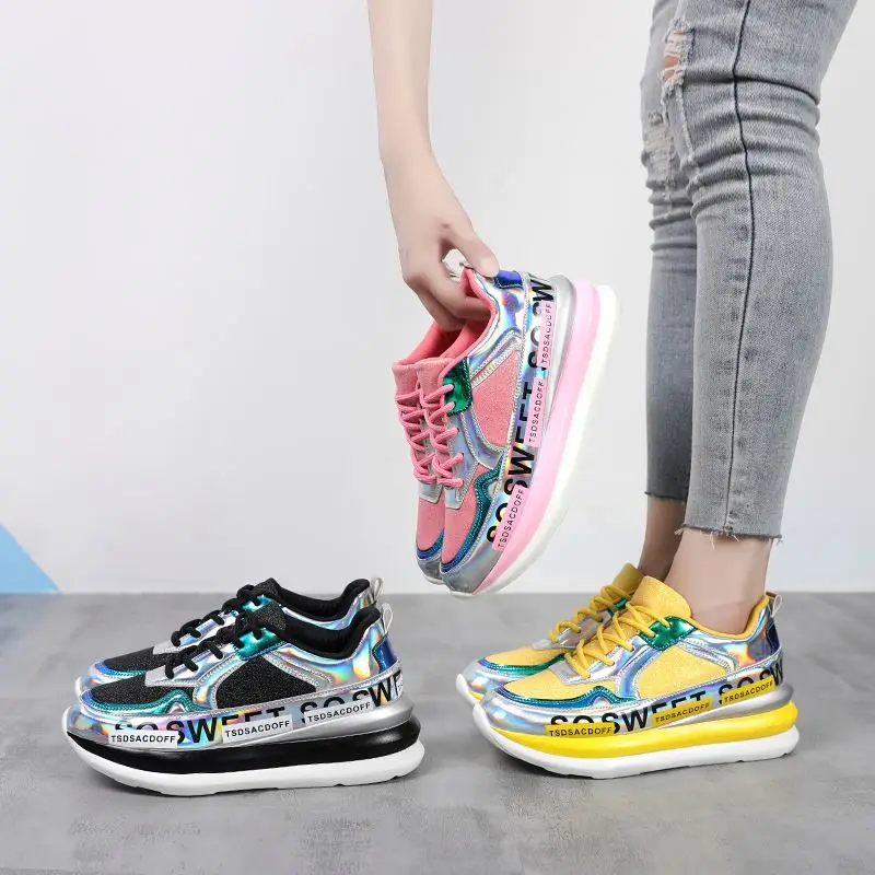 

Fashion Women Sneakers Breathable Mesh Gold Platform Ladies Shoes Autumn Knitting Flat Casual Glitter Sequined Chunky Sneakers