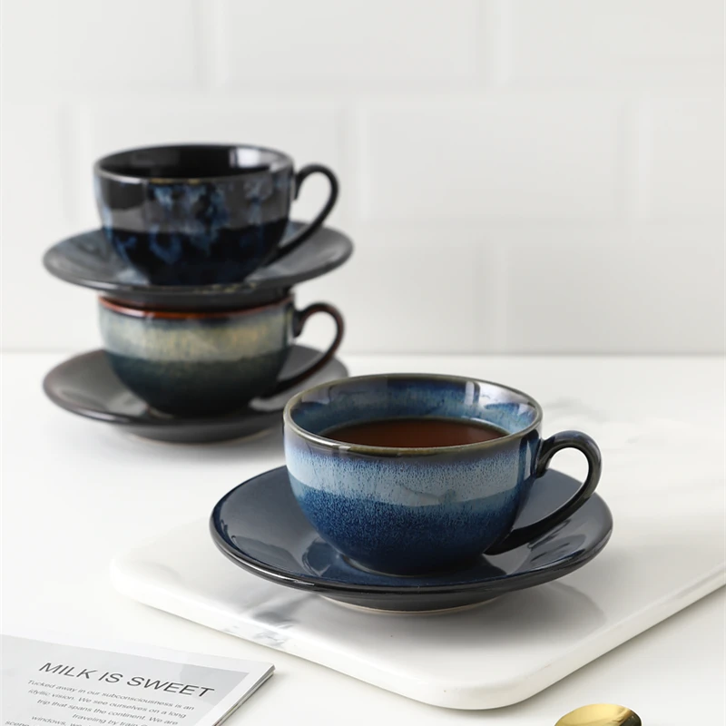 

2020New Retro Variable glaze ceramic tea cup and saucer set elegant reactive glaze coffee cup 250ml