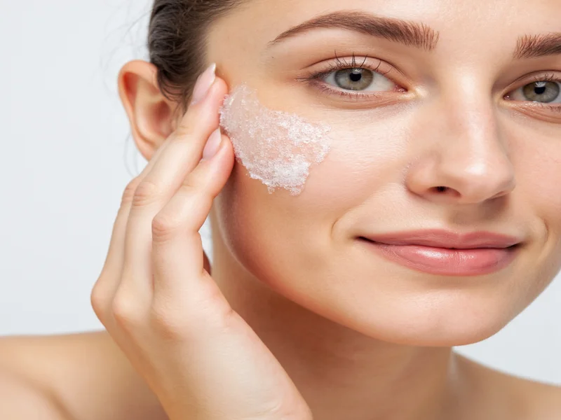 Woman applying gentle face scrub with fingertips