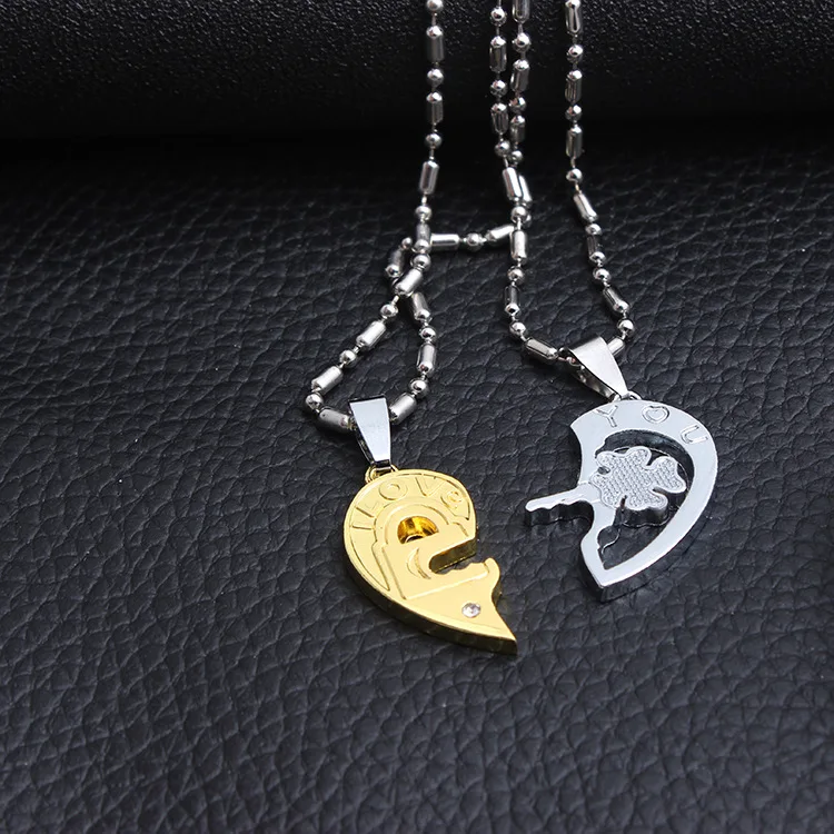 

Stainless Steel His and Her Heart Lock Key Matching Puzzle Couples Pendant Necklace for Lovers Valentine's Day Engagement Gift, Silver,gold,