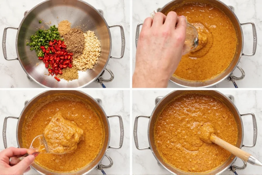 Step-by-step preparation of Thai peanut sauce with chili peppers and ingredients