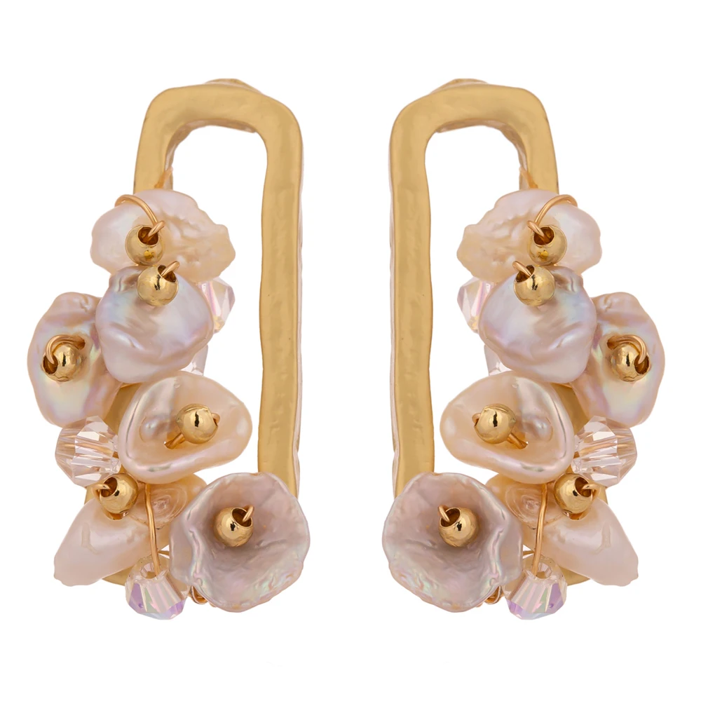 

Yhpup Korean Gold Plated Jewelry 14K Flower Earrings Natural Pearls Earrings for Women