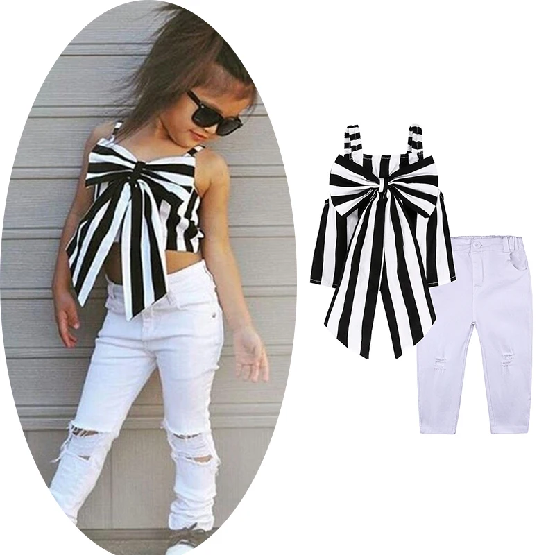 

2021 fashion girl summer clothes striped bow sleeveless T shirt and white jeans for girls boutique clothing kids clothes set