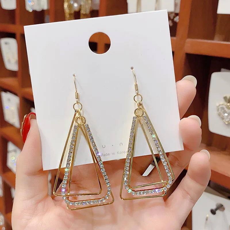 

Korean Gold plated geometric sterling silver jewelry diamond statement hoop earrings