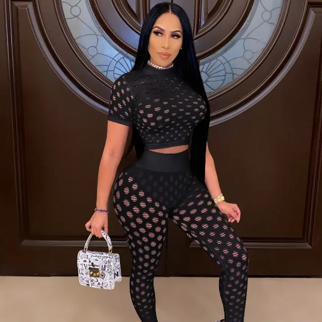 

Skinny Slim Sexy Hollow Out Solid Two Pieces Outfits Women Pants Sets Women Short Sleeve Clothing Summer Matching Set Women -YS, Black,blue,red,white,yellow