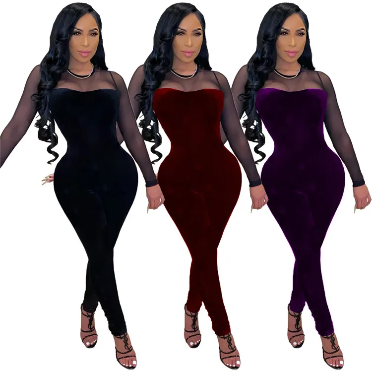 

LXE 2021 Fashion Sexy Ladies One Piece Rompers Mesh Velour Patchwork Night Club Wear Women Bodycon Jumpsuit, Picture shown
