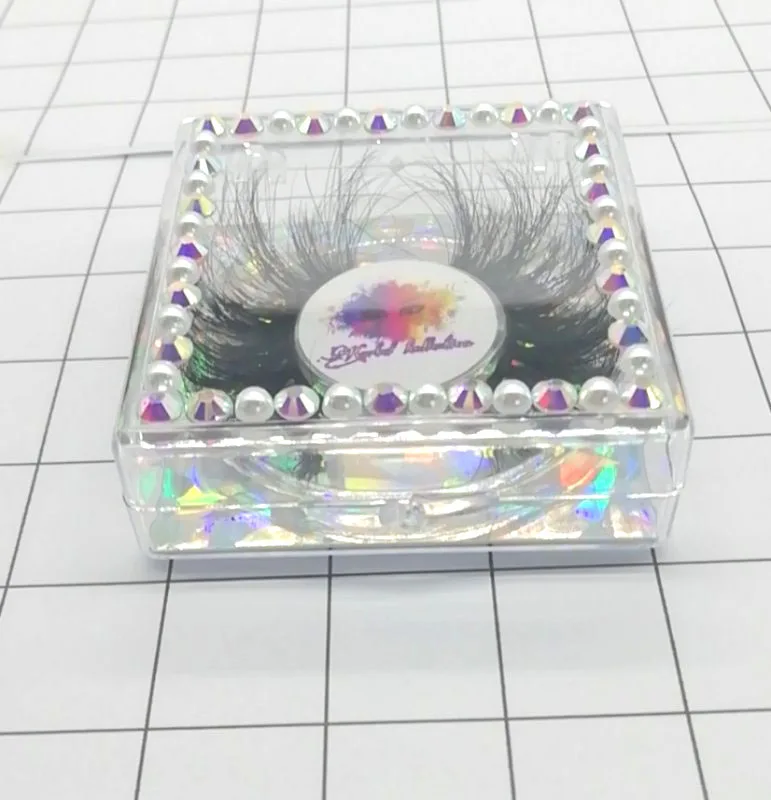 

Hot Sale Sequar Pearl Diamonds Store Mink Lashes Empty Eyelash Packaging Box Private Label Custom, Clear box with colorful card
