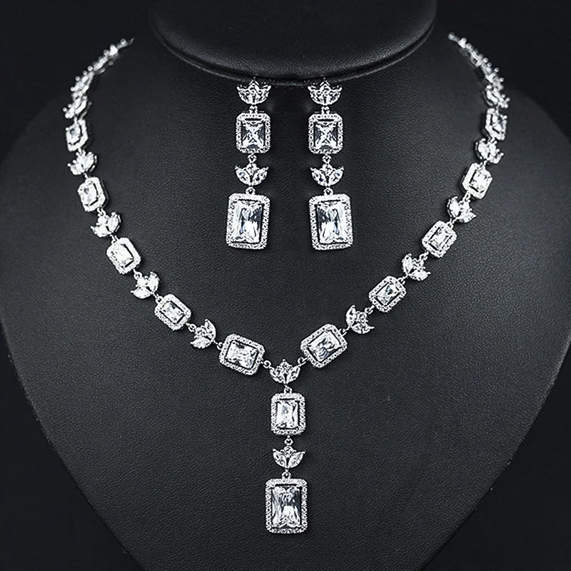

Luxury 925 silver wedding jewelry sets bridal green cubic zirconia white crystal geometric pendant necklace drop earrings set