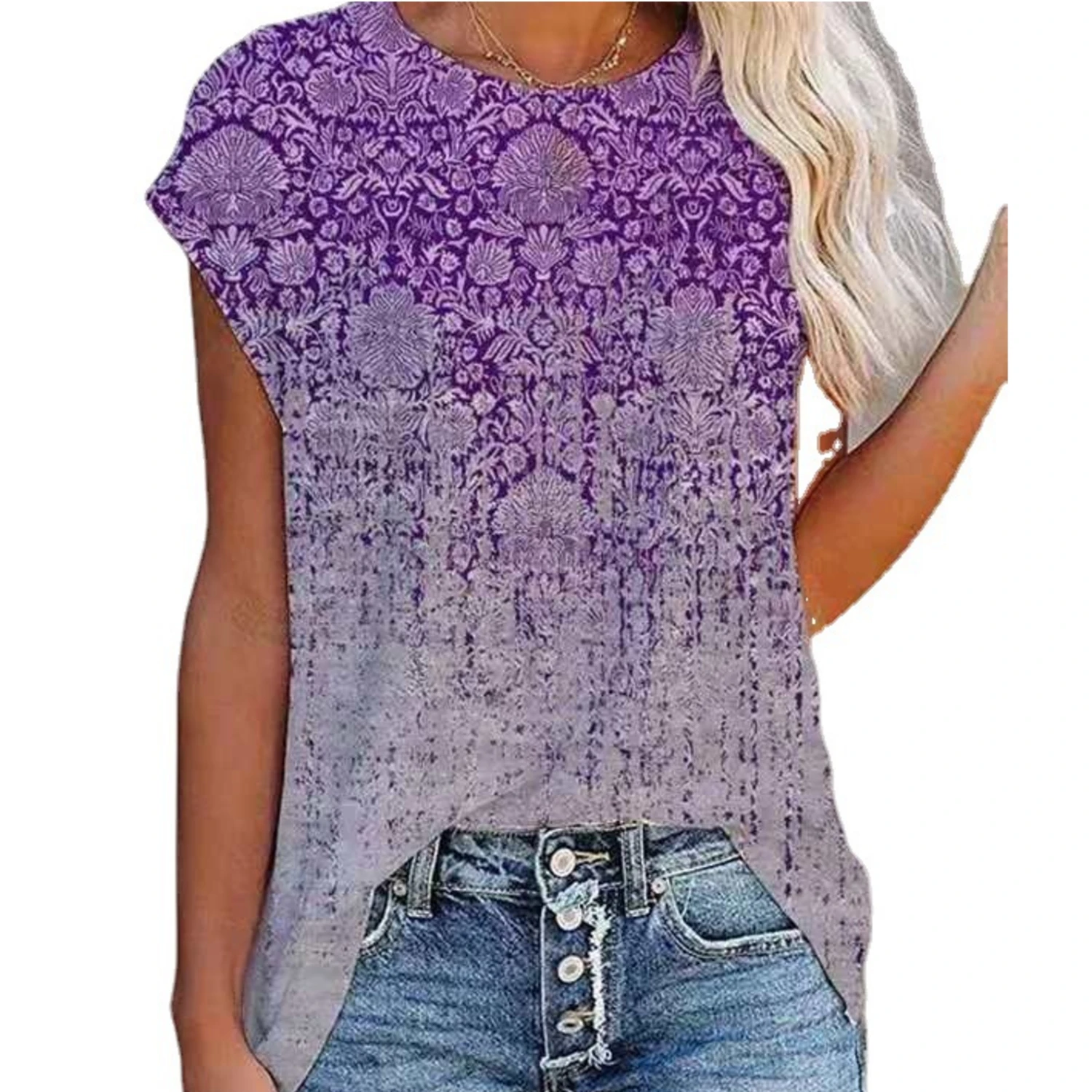 

2021 Summer New Gradient Retro Print Short Sleeve T-Shirt Ladies Casual Top
