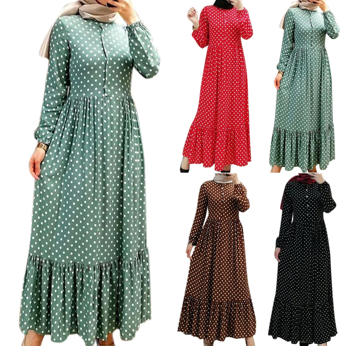 

Wholesale Women Dubai Tutkish Afghan Arab Kaftan Crew Neck Dot Maxi Islamic Clothing Long Sleeves Malaysia Muslim Print Dress, 4 colors