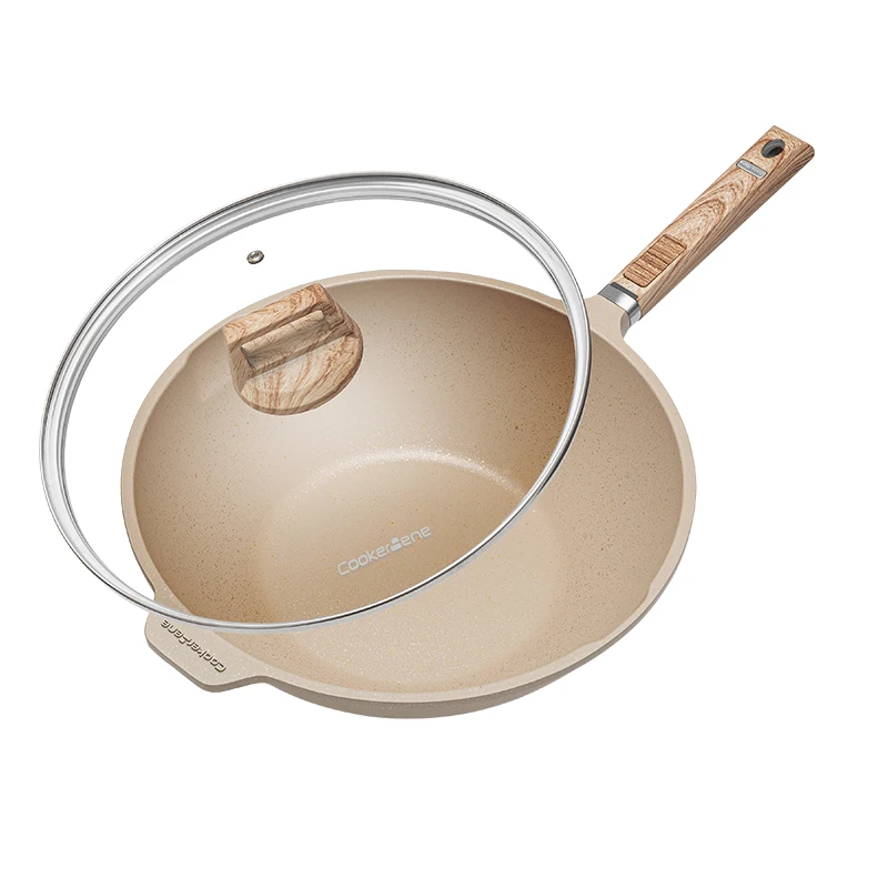 

Hot Sale Anti-scald Handle Aluminum Alloy Non Stick Pan Cooker Wok Fry Pan with Lid, Beige/grey