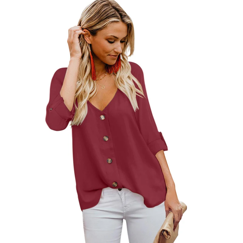 

Summer Women Brief Solid V Neck Three Quarter Sleeve Button Detail Roll Up Sleeve Blouse