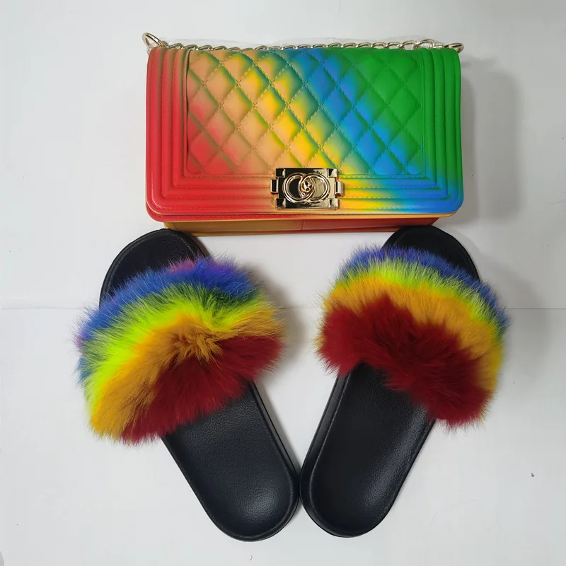 

Matching Shoes and Purse colorful fur slide jelly handbags woman sandals and bag set, Customized color