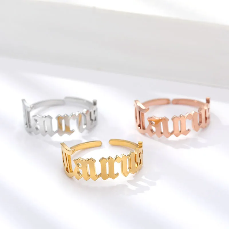 

I YOU WIN Jewelry 2021 Hot Sale Fashion Adjustable Open Stainless Steel Zodiac Rings Old English Horoscope Statement Rings, Gold silver rose gold