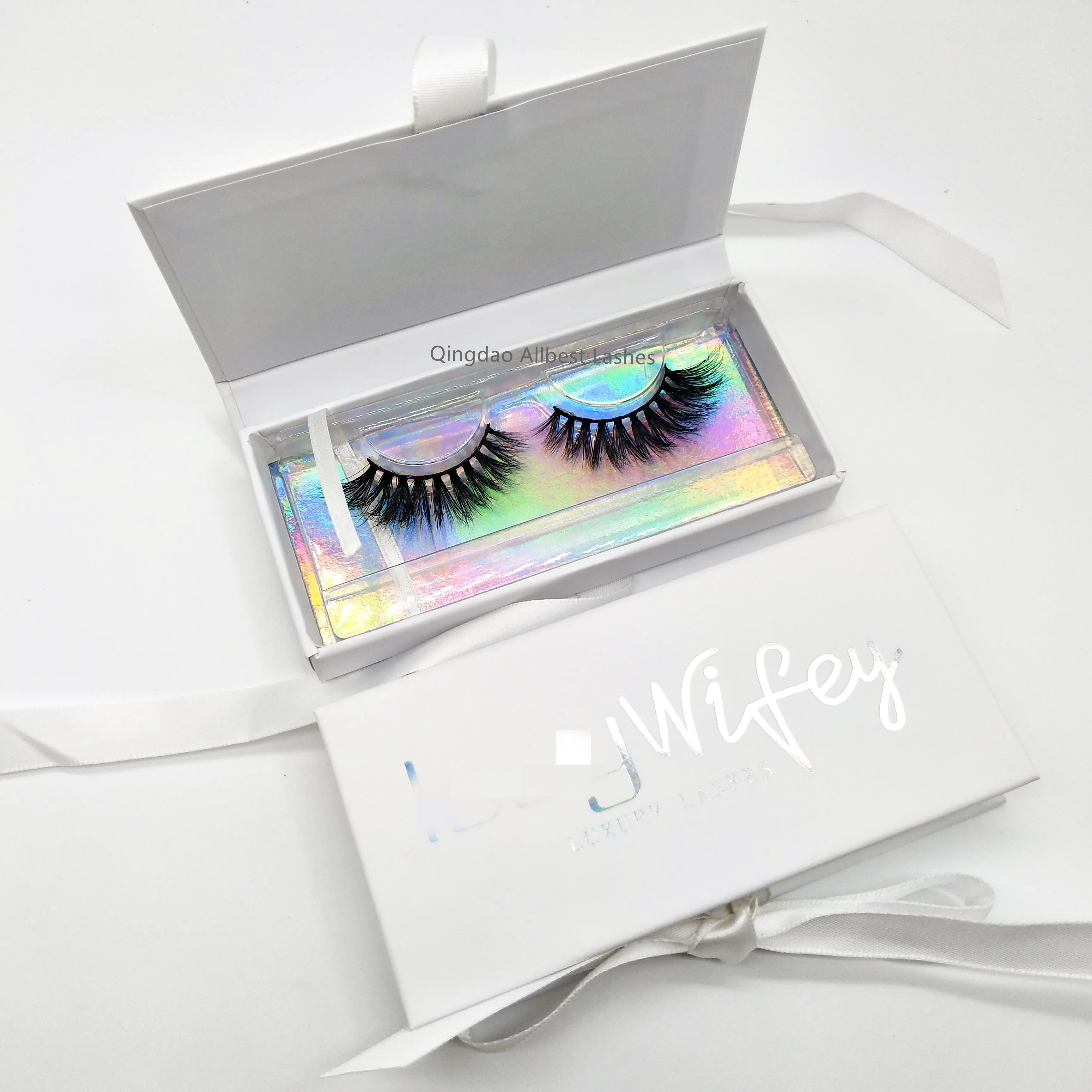 

Wholesale Price Holographic White Eyelash Packaging Personalized False Eye lash Ribbon Custom Lash Boxes